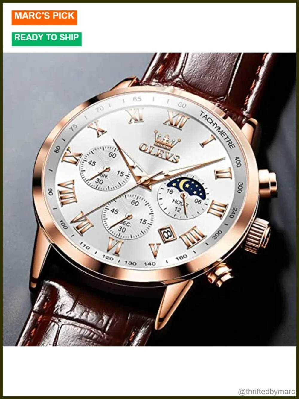 Mens Chronograph Leather Analog Quartz Wrist Watch Luminous Moon Phase Date